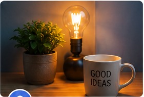 Lampa, växt och kopp med texten Good Ideas